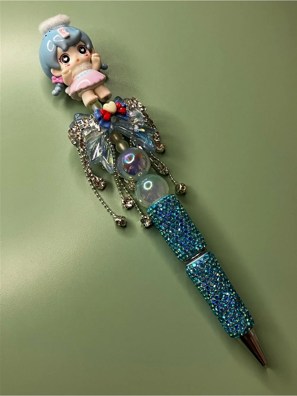 Keeno Angel with Fancy Rhinestone Dangle Bow Handmade Beaded Pen
